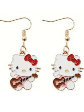 Hello Kitty Guitar Earrings Enamel Rock Sanrio Dangle Rave Emo Scene Trendy Fun